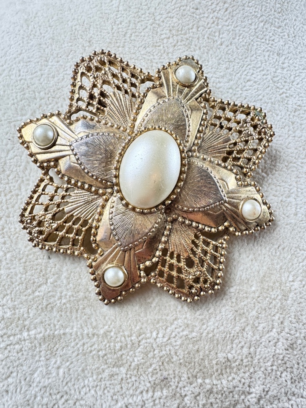 Gold-Tone Floral Filigree Brooch with Pearl Cabochons